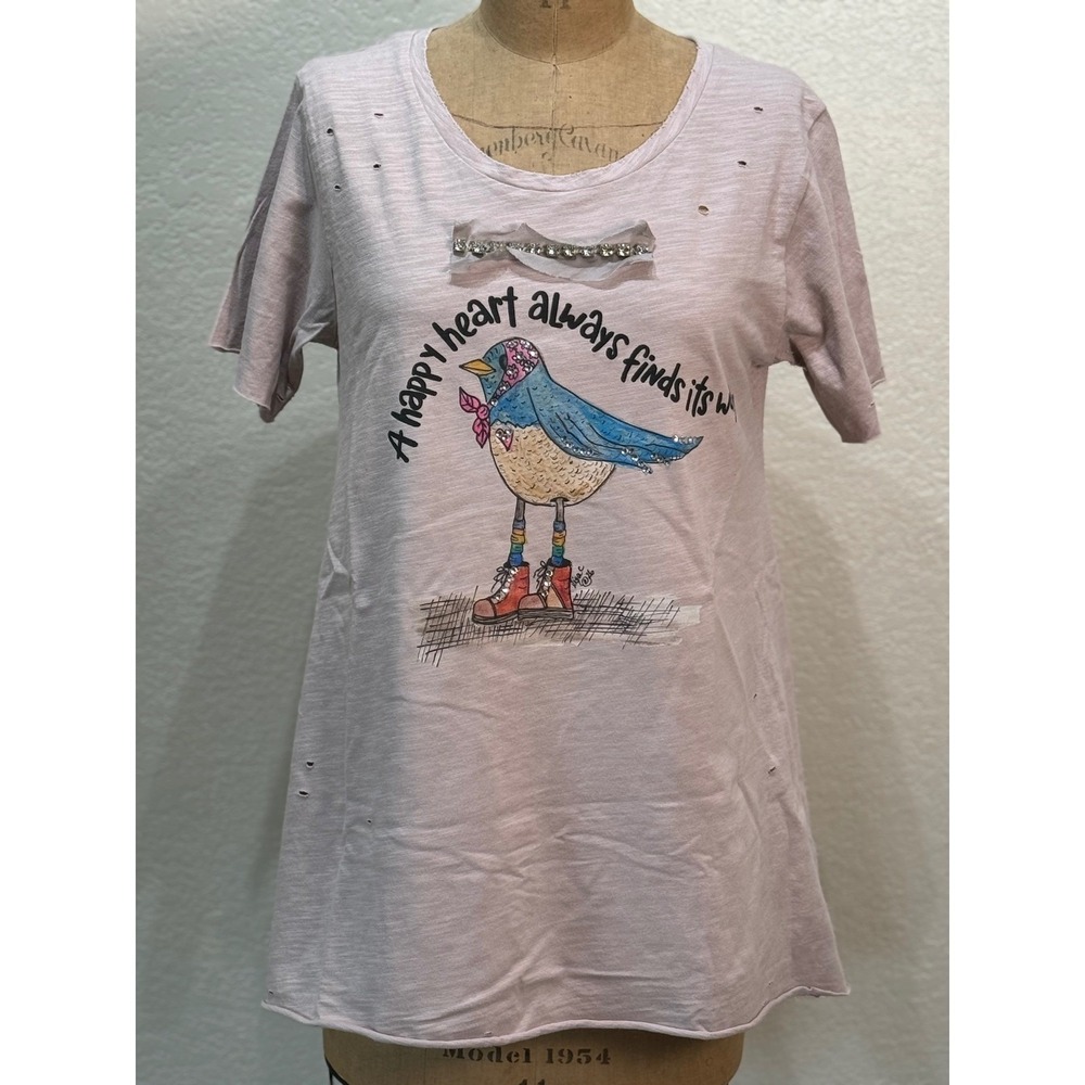 A Rare Bird Women L/XLPink Distressed T-Shirt Rhinestone A Happy Heart Bird NWT